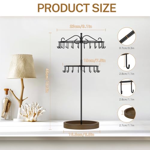 iDavosic.ly Jewelry Organizer Stand with Wooden Base Set of 2, Large Dangle Display Stands Tree with 342 Plastic Grooves and Rotating Necklace Bracelet Holder with 42 Hooks for Women