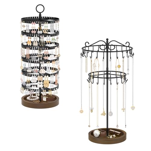 iDavosic.ly Jewelry Organizer Stand with Wooden Base Set of 2, Large Dangle Display Stands Tree with 342 Plastic Grooves and Rotating Necklace Bracelet Holder with 42 Hooks for Women