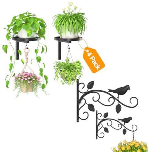 iDavosic.ly Wall Plant Holder Set of 3 for Indoor Outdoor, Metal Hanger with 2 Hooks, 12 Inch Heavy Duty Iron Wall Brackets for Hanging Plants, Baskets, Bird Feeders, Window Garden Porch Patio, Black