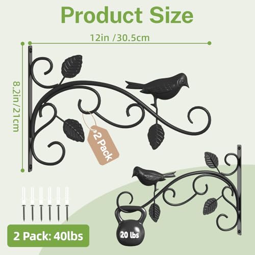 iDavosic.ly Wall Plant Holder Set of 3 for Indoor Outdoor, Metal Hanger with 2 Hooks, 12 Inch Heavy Duty Iron Wall Brackets for Hanging Plants, Baskets, Bird Feeders, Window Garden Porch Patio, Black