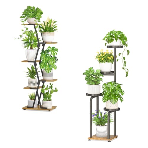 iDavosic.ly Wooden Plant Stand for Indoor Outdoor Set of 2, 5 Tier Tall Flower Holder Shelf and 4 Layer Corner Orchid Rack with Metal Trays for Living Room Balcony Patio Porch Garden, Black and Brown