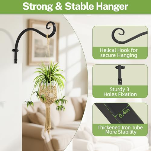 iDavosic.ly Heavy Duty Wall Plant Hangers 2-Pack, 11.8 Inch Iron Brackets with 2 Hooks for Indoor Outdoor, Space Saving Floating Flower Display Stand for Hanging Plants, Baskets, Bird Feeders (Black)