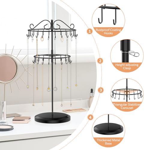 iDavosic.ly Jewelry Organizer Stand Set of 2, Large Dangle Display Stands Tree with 342 Plastic Grooves and Wooden Base and Rotating Necklace Bracelet Holder with 42 Hooks for Women