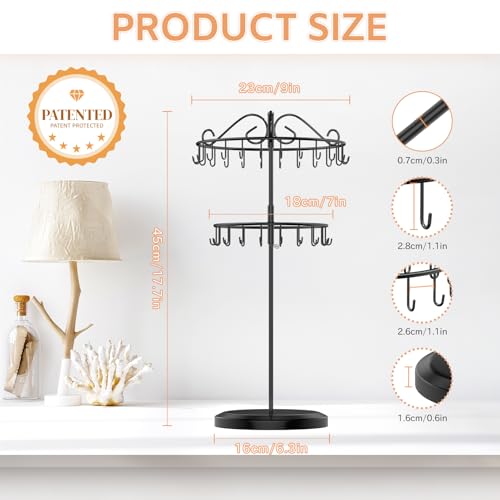 iDavosic.ly Jewelry Organizer Stand Set of 2, Large Dangle Display Stands Tree with 342 Plastic Grooves and Wooden Base and Rotating Necklace Bracelet Holder with 42 Hooks for Women