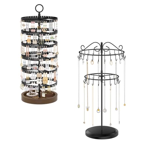 iDavosic.ly Jewelry Organizer Stand Set of 2, Large Dangle Display Stands Tree with 342 Plastic Grooves and Wooden Base and Rotating Necklace Bracelet Holder with 42 Hooks for Women
