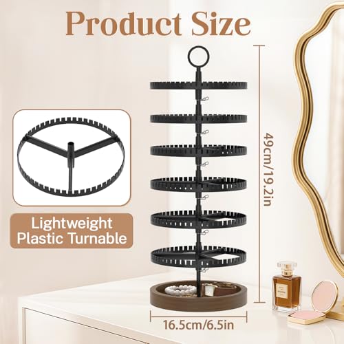 iDavosic.ly Jewelry Organizer Stand Set of 2, Large Dangle Display Stands Tree with 342 Plastic Grooves and Wooden Base and Rotating Necklace Bracelet Holder with 42 Hooks for Women