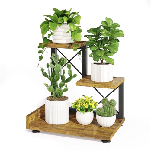 iDavosic.ly Small Table Top Plant Stand, 3 Tier Succulent & Flower Pot Holder for Desktop, Space-Saving Countertop Organizer Shelf for Office and Home Decor, Black Brown