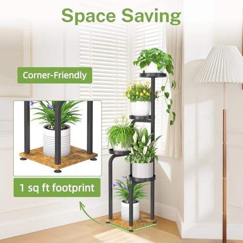 iDavosic.ly 4 Tier Plant Stand for Indoor Outdoor Set of 2, Metal and Wood Multiple Flower Holder Shelf and Space Saving Tall Corner Orchid Rack for Living Room Balcony Patio Porch Garden