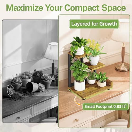 iDavosic.ly Small Table Top Plant Stand, 3 Tier Succulent & Flower Pot Holder for Desktop, Space-Saving Countertop Organizer Shelf for Office and Home Decor, Black Brown