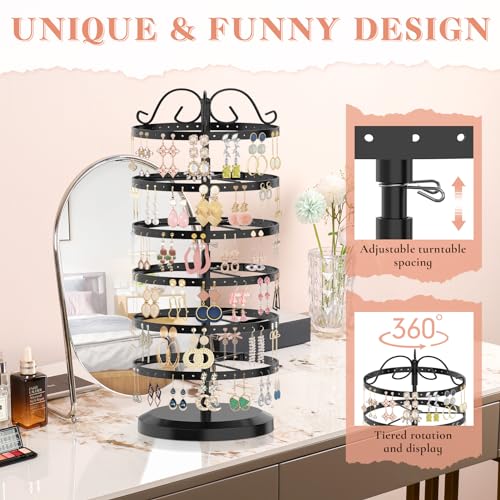 iDavosic.ly Earring Holder Organizer Set of 2, Large Dangle Display Stands Tree with 342 Plastic Grooves and Wooden Base and 6 Tier Metal Adjustable Hoop Storage Rack Tower for Women