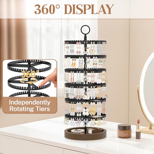 iDavosic.ly Jewelry Organizer Stand Set of 2, Large Dangle Display Stands Tree with 342 Plastic Grooves and Wooden Base and Rotating Necklace Bracelet Holder with 42 Hooks for Women
