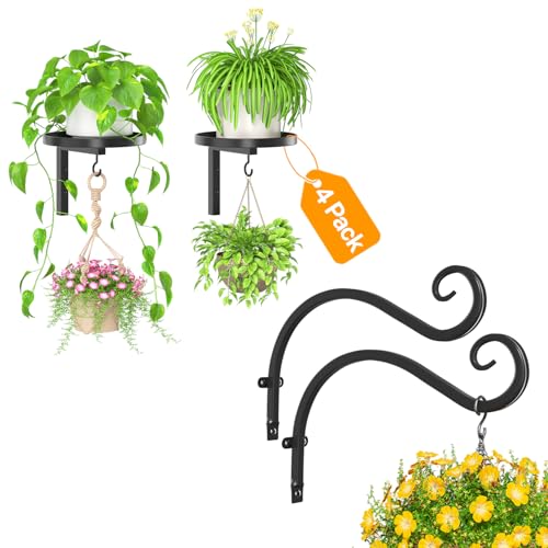 iDavosic.ly Heavy Duty Wall Plant Hangers 2-Pack, 11.8 Inch Iron Brackets with 2 Hooks for Indoor Outdoor, Space Saving Floating Flower Display Stand for Hanging Plants, Baskets, Bird Feeders (Black)