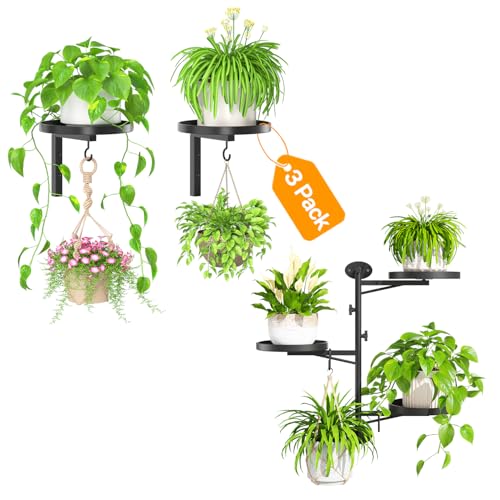 iDavosic.ly Wall Plant Holder Set of 3, Metal Hanger with 2 Hooks Indoor Outdoor, Rotating Window 3 Tier Plant Shelves Flower Display Holder Rack, Space Saving, Black (Pots/Chains/Plants Not Included)
