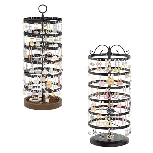 iDavosic.ly Earring Holder Organizer Set of 2, Large Dangle Display Stands Tree with 342 Plastic Grooves and Wooden Base and 6 Tier Metal Adjustable Hoop Storage Rack Tower for Women
