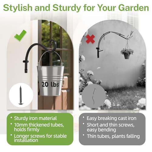 iDavosic.ly Heavy Duty Wall Plant Hangers 2-Pack, 11.8 Inch Iron Brackets with 2 Hooks for Indoor Outdoor, Space Saving Floating Flower Display Stand for Hanging Plants, Baskets, Bird Feeders (Black)