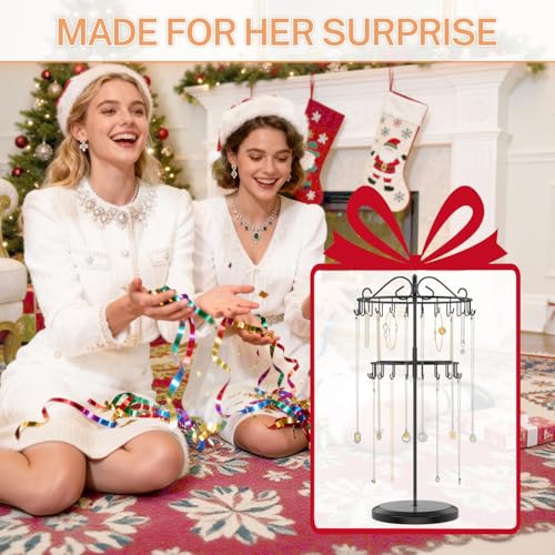 iDavosic.ly Jewelry Organizer Stand Set of 2, Large Dangle Display Stands Tree with 342 Plastic Grooves and Wooden Base and Rotating Necklace Bracelet Holder with 42 Hooks for Women