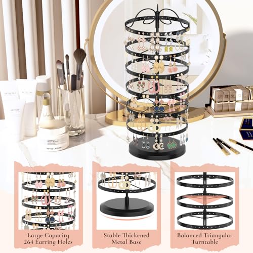 iDavosic.ly Earring Holder Organizer Set of 2, Large Dangle Display Stands Tree with 342 Plastic Grooves and Wooden Base and 6 Tier Metal Adjustable Hoop Storage Rack Tower for Women