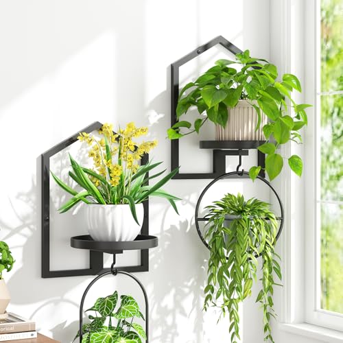 iDavosic.ly Wall Plant Shelves Set of 3, Rotating 3-Tier Stands with Hooks, Metal Floating Display for Indoor Picture Frames, Space Saving Window Decor, Black (Pots/Chains/Plants Not Included)