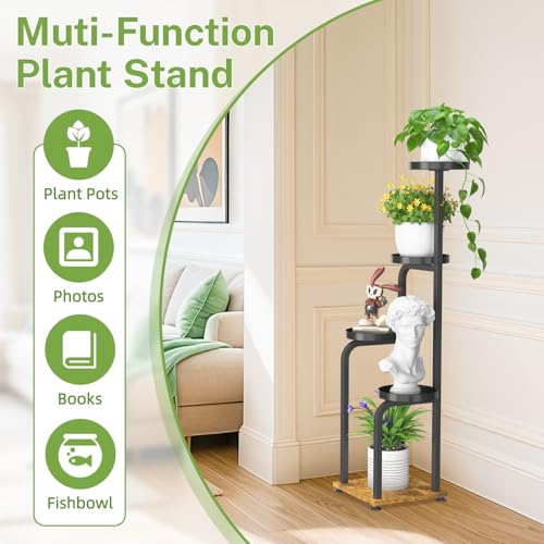iDavosic.ly 4 Tier Plant Stand for Indoor Outdoor Set of 2, Metal and Wood Multiple Flower Holder Shelf and Space Saving Tall Corner Orchid Rack for Living Room Balcony Patio Porch Garden