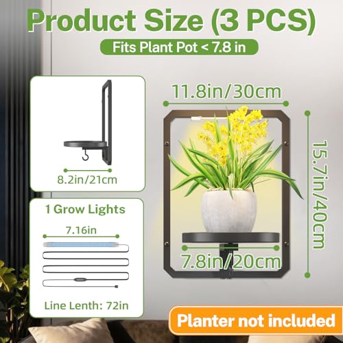 iDavosic.ly Wall Plant Picture Frame Holder Set of 3 with 1 Grow Light for Indoor, Metal Stand with Hanging Hooks, Space Saving Floating Flower Display Decor (Pots/Chains/Plants Not Included)