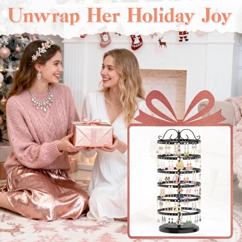 iDavosic.ly Earring Holder Organizer Set of 2, Large Dangle Display Stands Tree with 342 Plastic Grooves and Wooden Base and 6 Tier Metal Adjustable Hoop Storage Rack Tower for Women