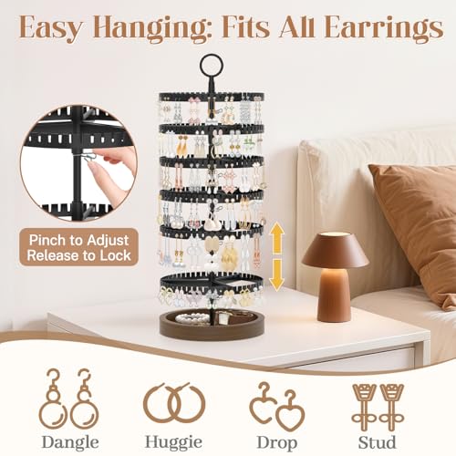 iDavosic.ly Jewelry Organizer Stand Set of 2, Large Dangle Display Stands Tree with 342 Plastic Grooves and Wooden Base and Rotating Necklace Bracelet Holder with 42 Hooks for Women