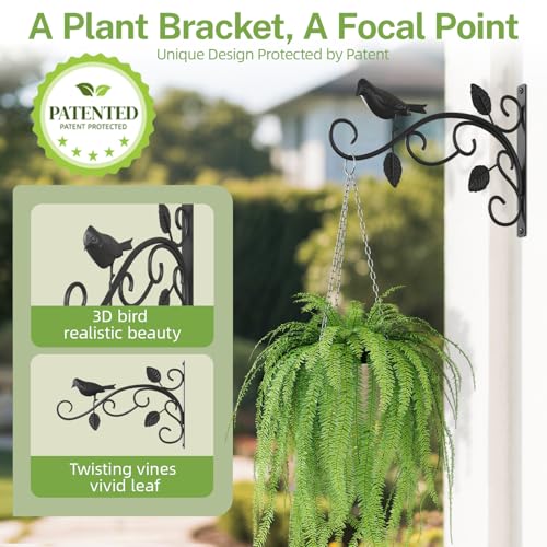 iDavosic.ly Wall Plant Holder Set of 3 for Indoor Outdoor, Metal Hanger with 2 Hooks, 12 Inch Heavy Duty Iron Wall Brackets for Hanging Plants, Baskets, Bird Feeders, Window Garden Porch Patio, Black