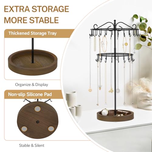 iDavosic.ly Jewelry Organizer Stand with Wooden Base Set of 2, Large Dangle Display Stands Tree with 342 Plastic Grooves and Rotating Necklace Bracelet Holder with 42 Hooks for Women