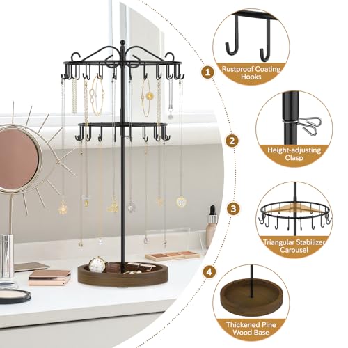 iDavosic.ly Jewelry Organizer Stand with Wooden Base Set of 2, Large Dangle Display Stands Tree with 342 Plastic Grooves and Rotating Necklace Bracelet Holder with 42 Hooks for Women