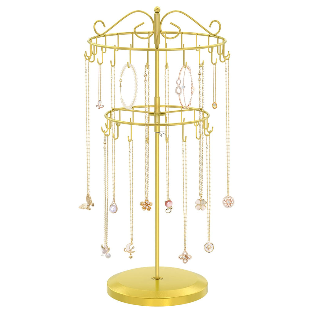 iDavosic.ly 2 Tier Rotating Necklace Holder Organizer with 42 Hooks, Adjustable Metal Bracelet Display Stand Rack, Extra Tall Keychain Spinning Tree Tower for Women, Gold