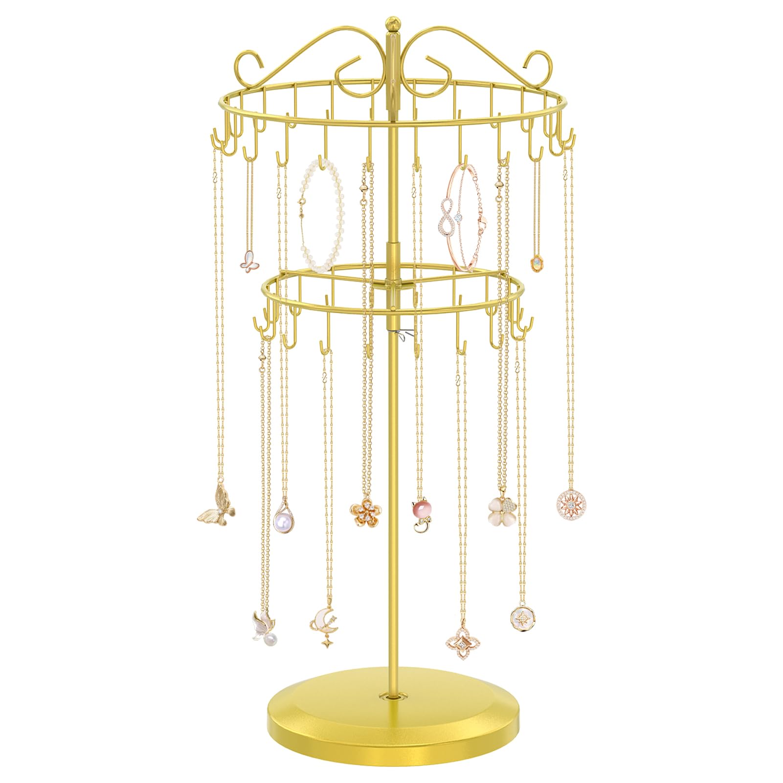 iDavosic.ly 2 Tier Rotating Necklace Holder Organizer with 42 Hooks, Adjustable Metal Bracelet Display Stand Rack, Extra Tall Keychain Spinning Tree Tower for Women, Gold
