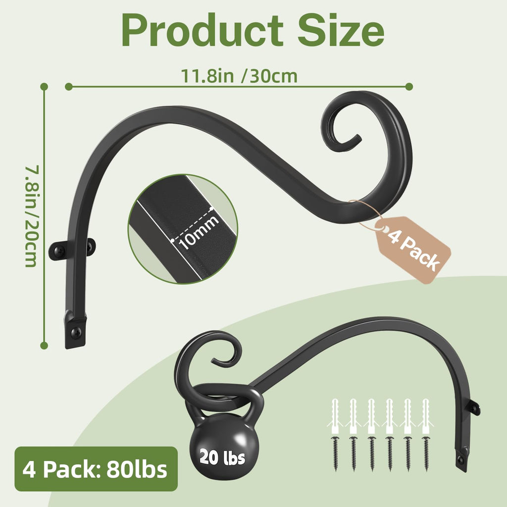 iDavosic.ly Plant Hangers Outdoor 4-Pack, 11.8 Inch Heavy Duty Iron Wall Brackets for Hanging Plants, Baskets, Bird Feeders, Lanterns, Wind Chimes, Indoor Metal Hooks for Garden Porch Patio, Black