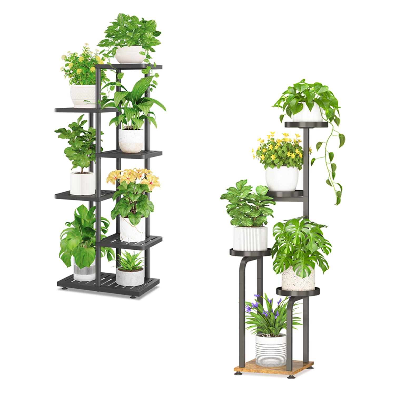 iDavosic.ly Plant Stand for Indoor Outdoor Set of 2, 5 Tier Heavy-Duty Metal Flower Display Holder Rack and 4 Layer Space Saving Tall Corner Orchid Shelf for Living Room Balcony Patio Porch Garden