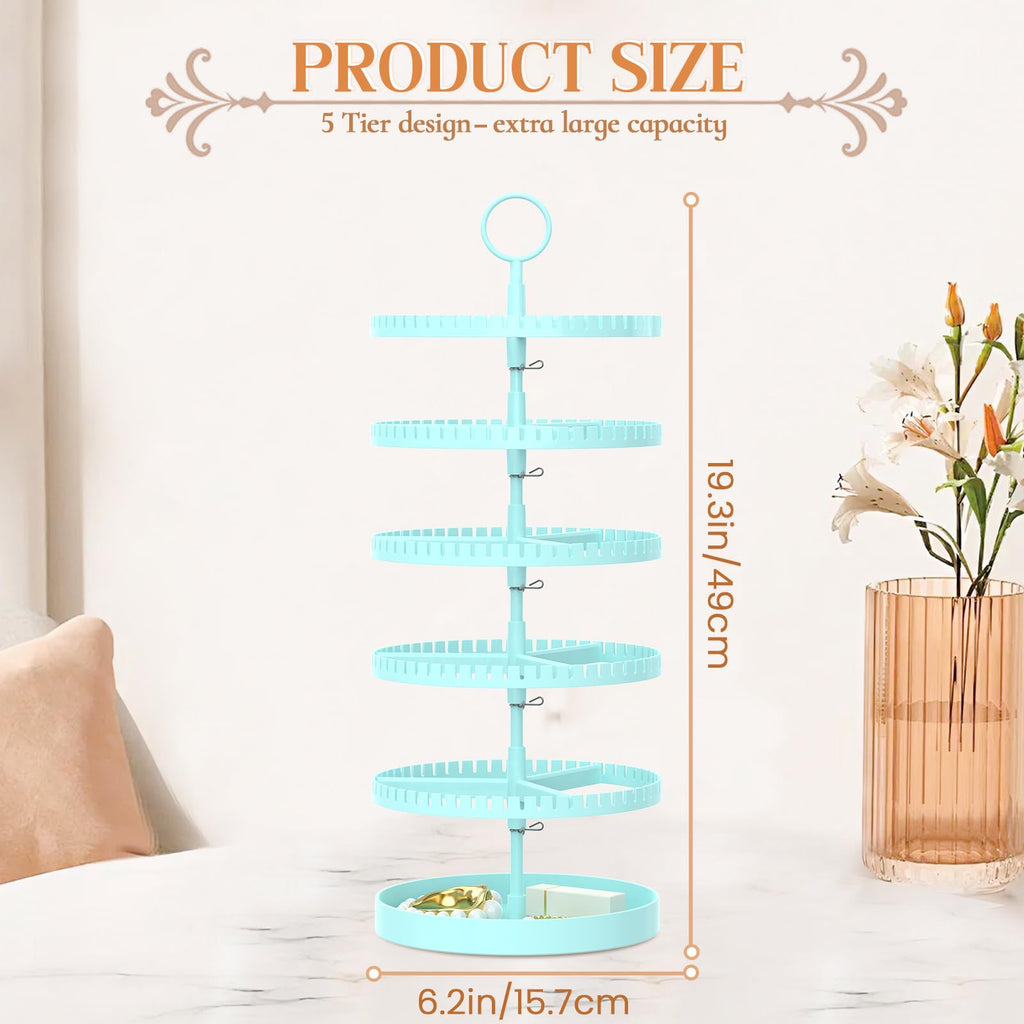 iDavosic.ly 5 Tier Rotating Earring Holder Organizer with Metal Tray, Adjustable Plastic Dangle Display Stands Tree with 285 Grooves, Large Hoop Storage Rack Tower, Blue