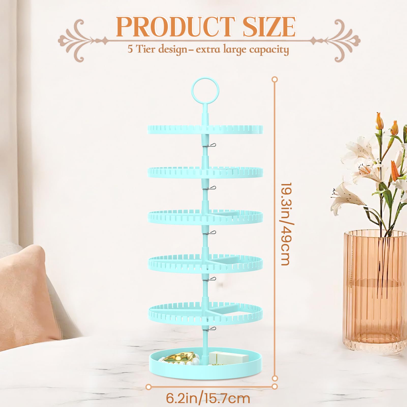 iDavosic.ly 5 Tier Rotating Earring Holder Organizer with Metal Tray, Adjustable Plastic Dangle Display Stands Tree with 285 Grooves, Large Hoop Storage Rack Tower, Blue
