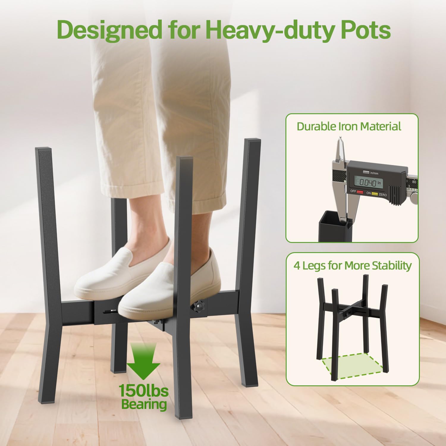 iDavosic.ly Adjustable Plant Pot Stand Indoor Outdoor Set of 2, Stable Plant Holder, Fit 8 to 12 Inch Large Heavy Duty Planter (Not Included) | for Balcony, Living Room, Porch, Brown & Black