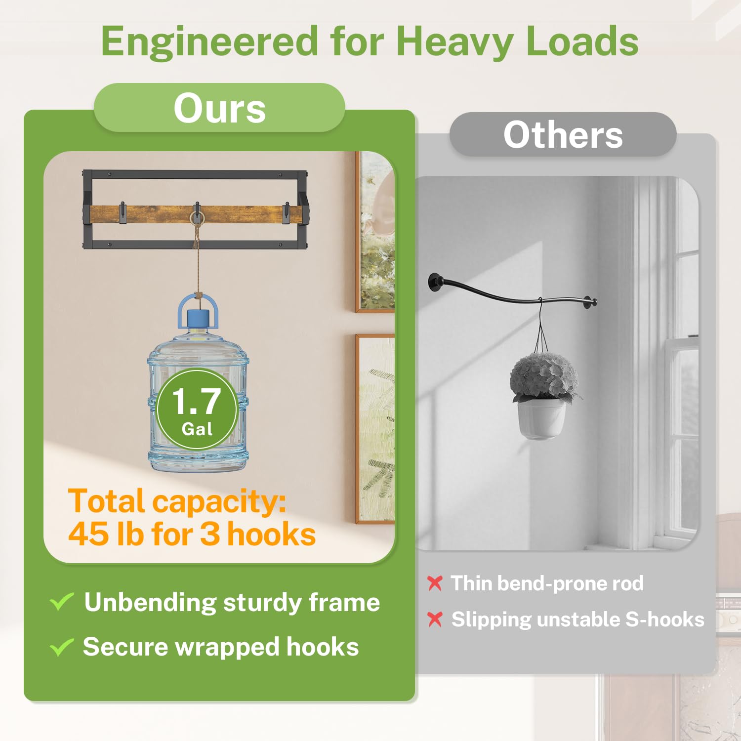 iDavosic.ly Plant Hanger Indoor Set of 2 for Wall & Ceiling, Metal and Wood Hanging Rod with 6 Hooks, Floating Flower Display Shelf for Window, Space Saving (Pots/Chains/Plants Not Included)