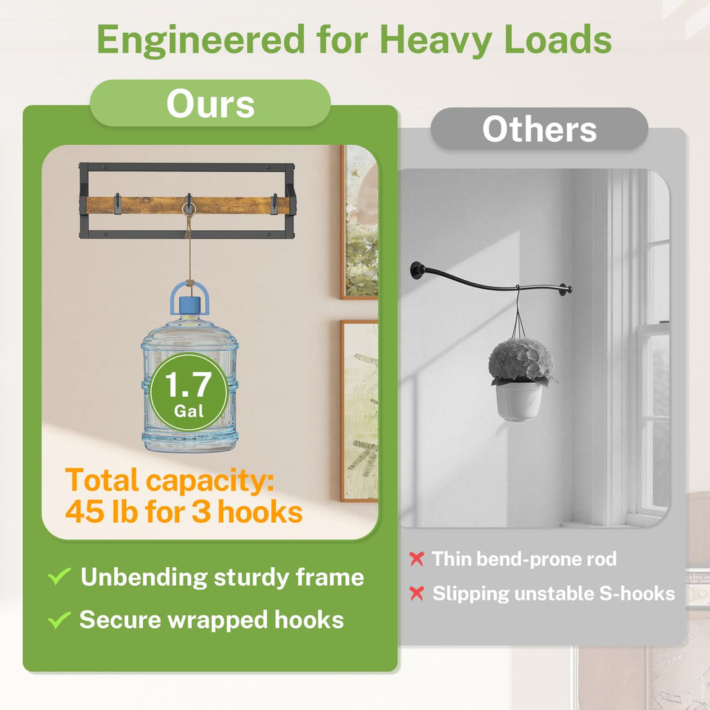 iDavosic.ly Plant Hanger Indoor Set of 2 for Wall & Ceiling, Metal and Wood Hanging Rod with 6 Hooks, Floating Flower Display Shelf for Window, Space Saving (Pots/Chains/Plants Not Included)