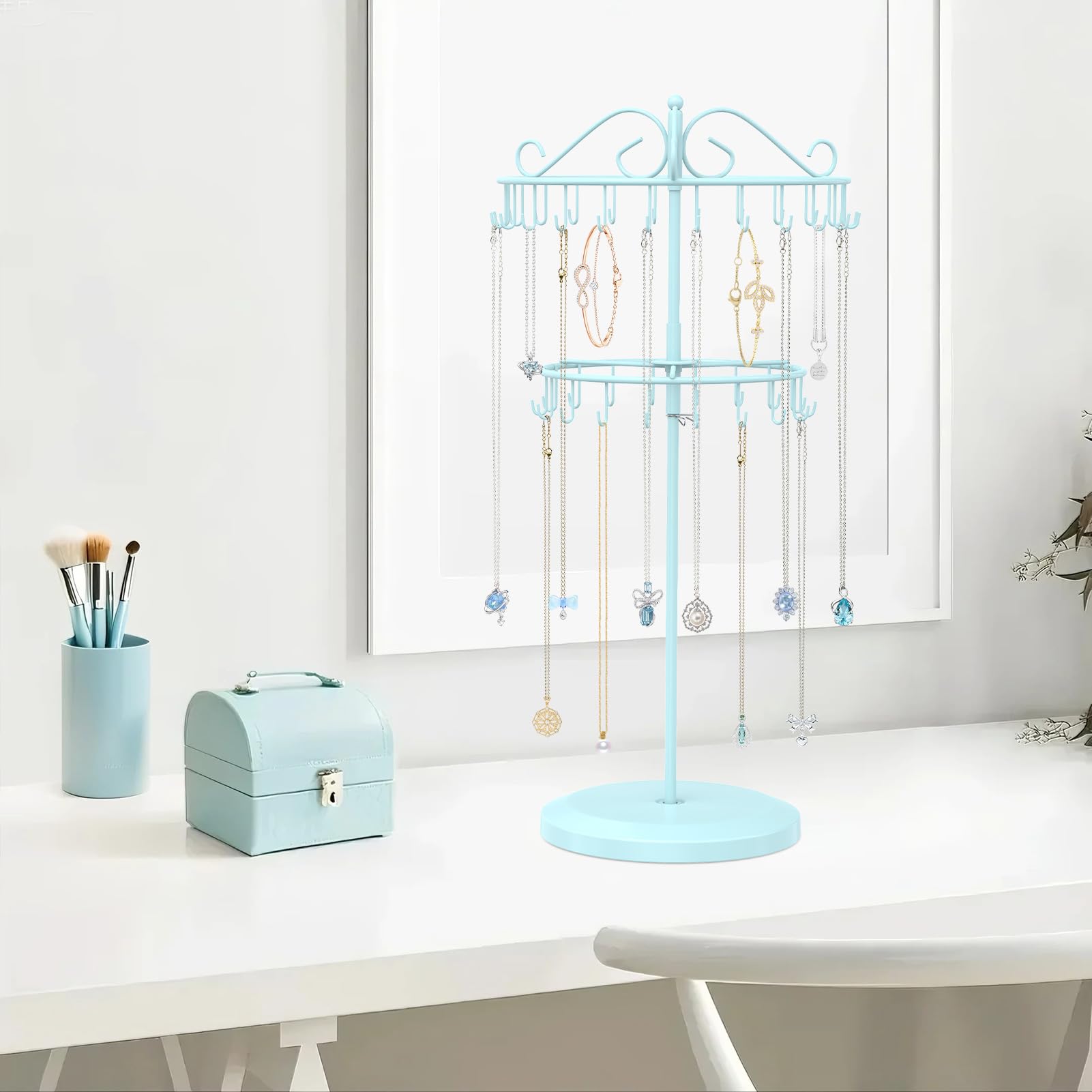iDavosic.ly 2 Tier Rotating Necklace Holder Organizer with 42 Hooks, Adjustable Metal Bracelet Display Stand Rack, Extra Tall Keychain Spinning Tree Tower for Women, Blue