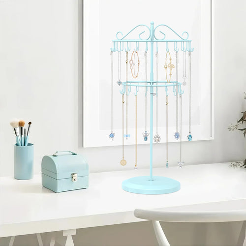 iDavosic.ly 2 Tier Rotating Necklace Holder Organizer with 42 Hooks, Adjustable Metal Bracelet Display Stand Rack, Extra Tall Keychain Spinning Tree Tower for Women, Blue