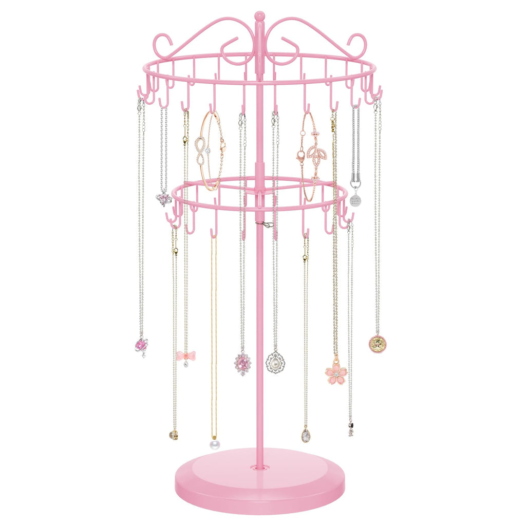 iDavosic.ly 2 Tier Rotating Necklace Holder Organizer with 42 Hooks, Adjustable Metal Bracelet Display Stand Rack, Extra Tall Keychain Spinning Tree Tower for Women, Pink