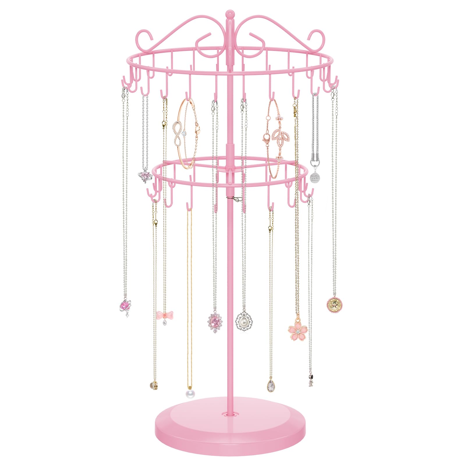 iDavosic.ly 2 Tier Rotating Necklace Holder Organizer with 42 Hooks, Adjustable Metal Bracelet Display Stand Rack, Extra Tall Keychain Spinning Tree Tower for Women, Pink