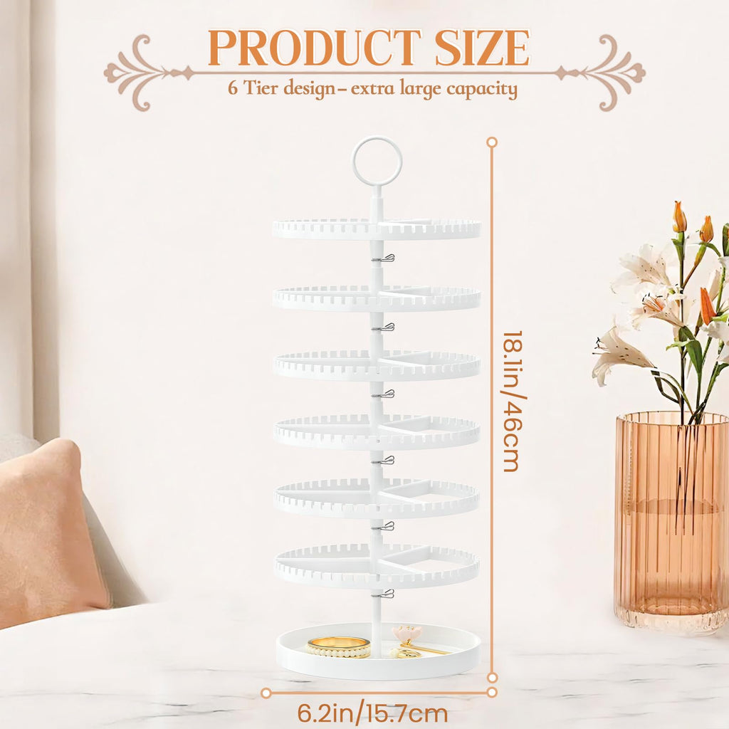 iDavosic.ly 6 Tier Rotating Earring Holder Organizer Set of 2, Metal Large Stud Storage Stand, Adjustable Plastic Dangle Hoop Display Rack Tower for Women Black and White