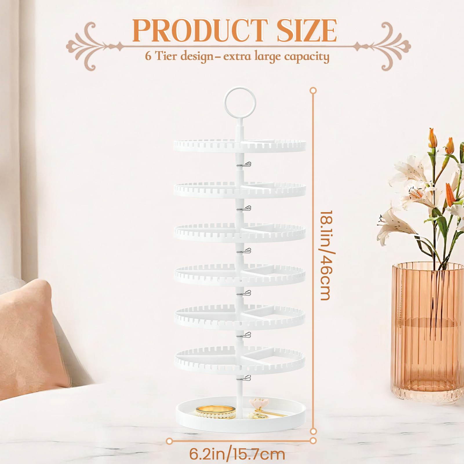iDavosic.ly 6 Tier Rotating Earring Holder Organizer Set of 2, Metal Large Stud Storage Stand, Adjustable Plastic Dangle Hoop Display Rack Tower with Tray for Women, White