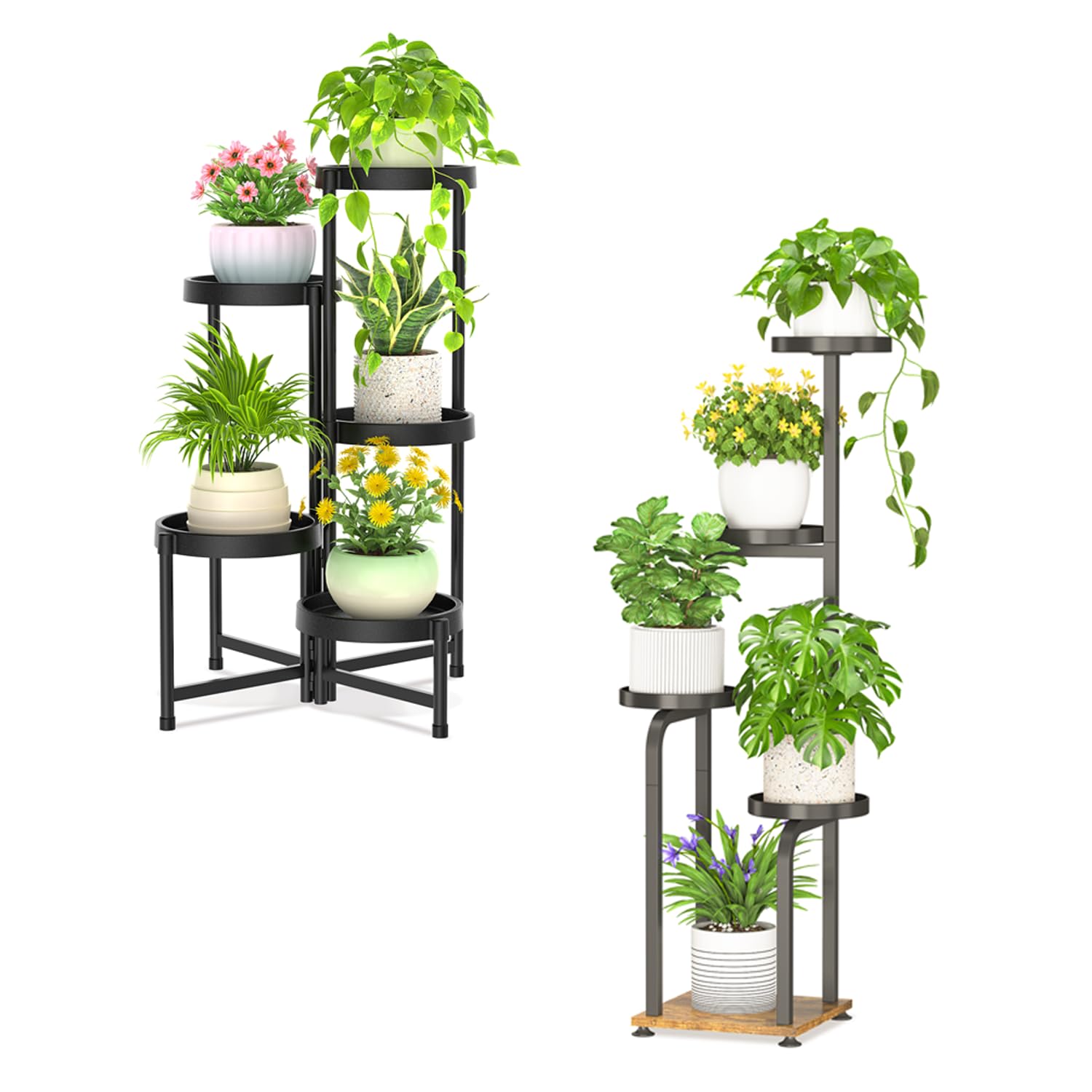 iDavosic.ly Metal Plant Stand for Indoor Outdoor Set of 2, 5 Tier Plastic Foldable Flower Display Holder Rack and 4 Layer Wood Tall Corner Orchid Shelf for Living Room Balcony Patio Porch Garden
