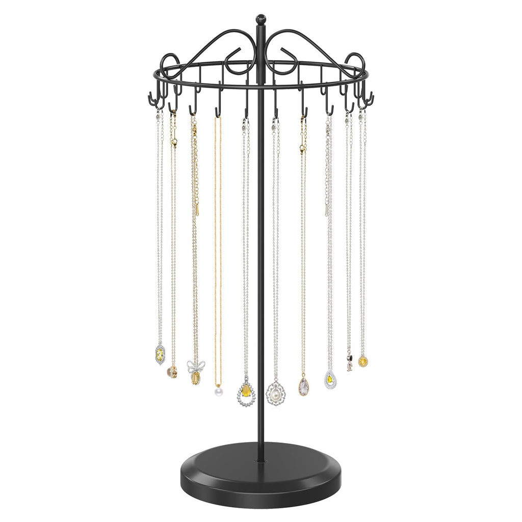 iDavosic.ly Rotating Necklace Holder Organizer with 24 Hooks, Adjustable Metal Bracelet Display Stand Rack, Extra Tall Keychain Spinning Tree Tower for Women, Black