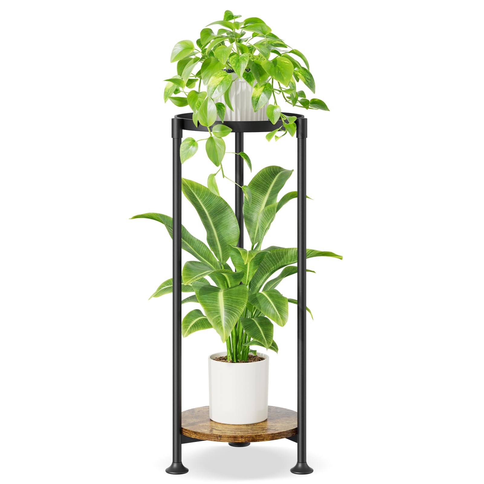 iDavosic.ly 2 Tier Corner Plant Stand Indoor, 30 Inch Tall Vertical Metal Flower Heavy Duty Pot Holder Shelf Outdoor for Patio Porch Living Room, Modern Black & Rustic Brown - Round