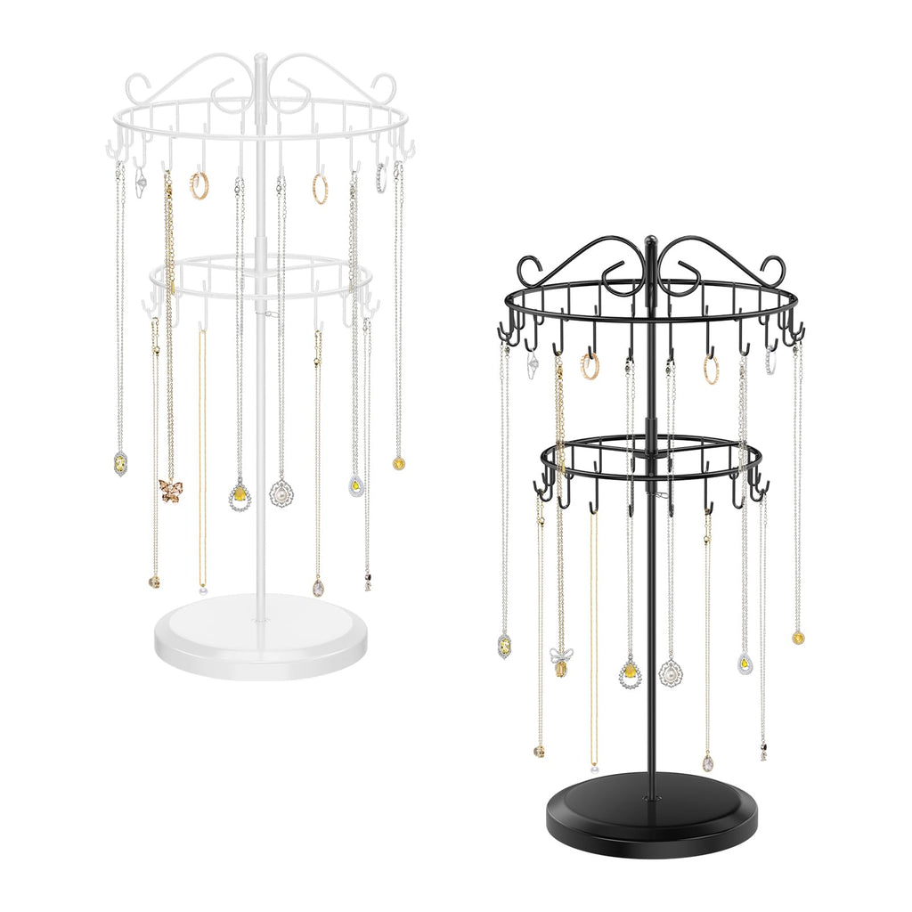 iDavosic.ly Set of 2 Tiered Rotating Necklace Holder Organizer, Adjustable Metal Bracelet Display Stand Rack, Extra Tall Keychain Spinning Tree Tower for Women, Black and White