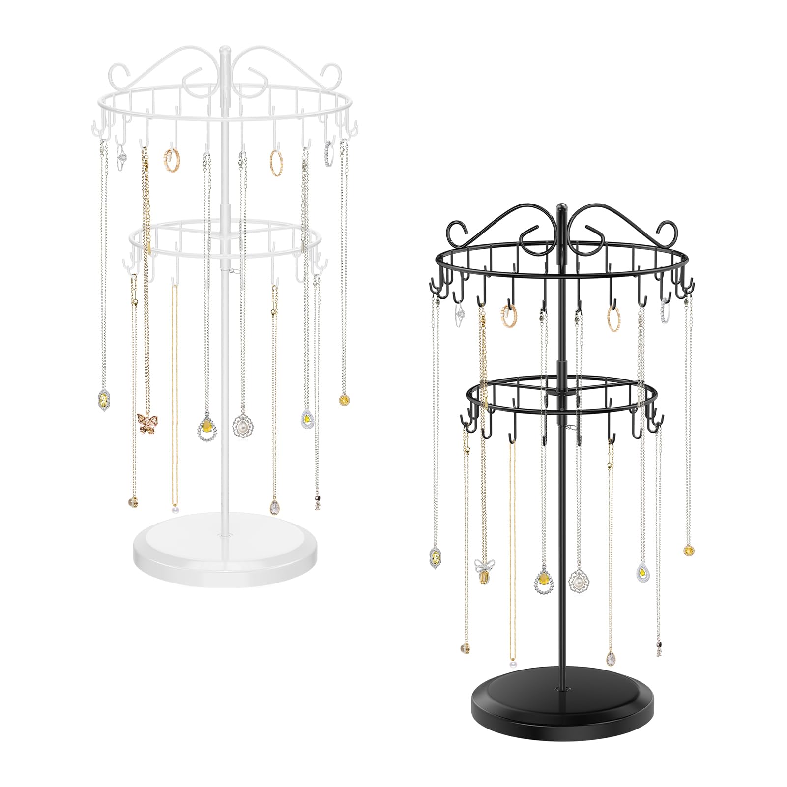 iDavosic.ly Set of 2 Tiered Rotating Necklace Holder Organizer, Adjustable Metal Bracelet Display Stand Rack, Extra Tall Keychain Spinning Tree Tower for Women, Black and White