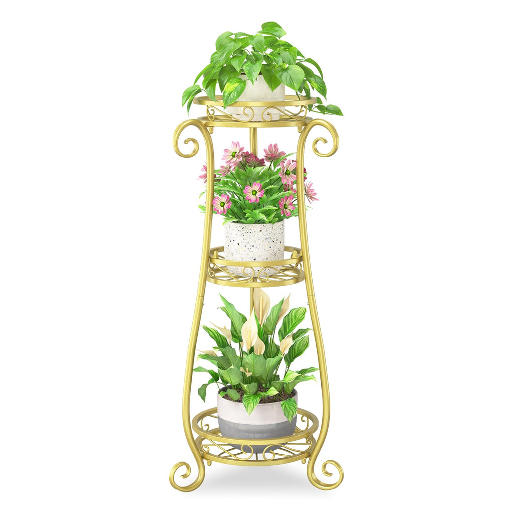 iDavosic.ly 3 Tier Metal Plant Stand Indoor Outdoor, Wrought Iron Corner Tall Flower Pot Holder Shelf, 34 Inch Vertical Heavy Duty Display Rack for Patio Porch Living Room Garden, Gold